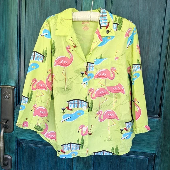 Nick & Nora Backyard Flamingo BBQ Pool 3/4 Sleeve Ruffle Button Up Shirt - Picture 1 of 5